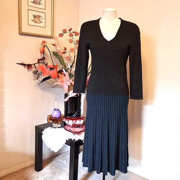 NWOT Orly Maxi V neck Long Sleeve Gray Teal Dress Cardigan Fall Winter Dresses - Picture 4 of 9